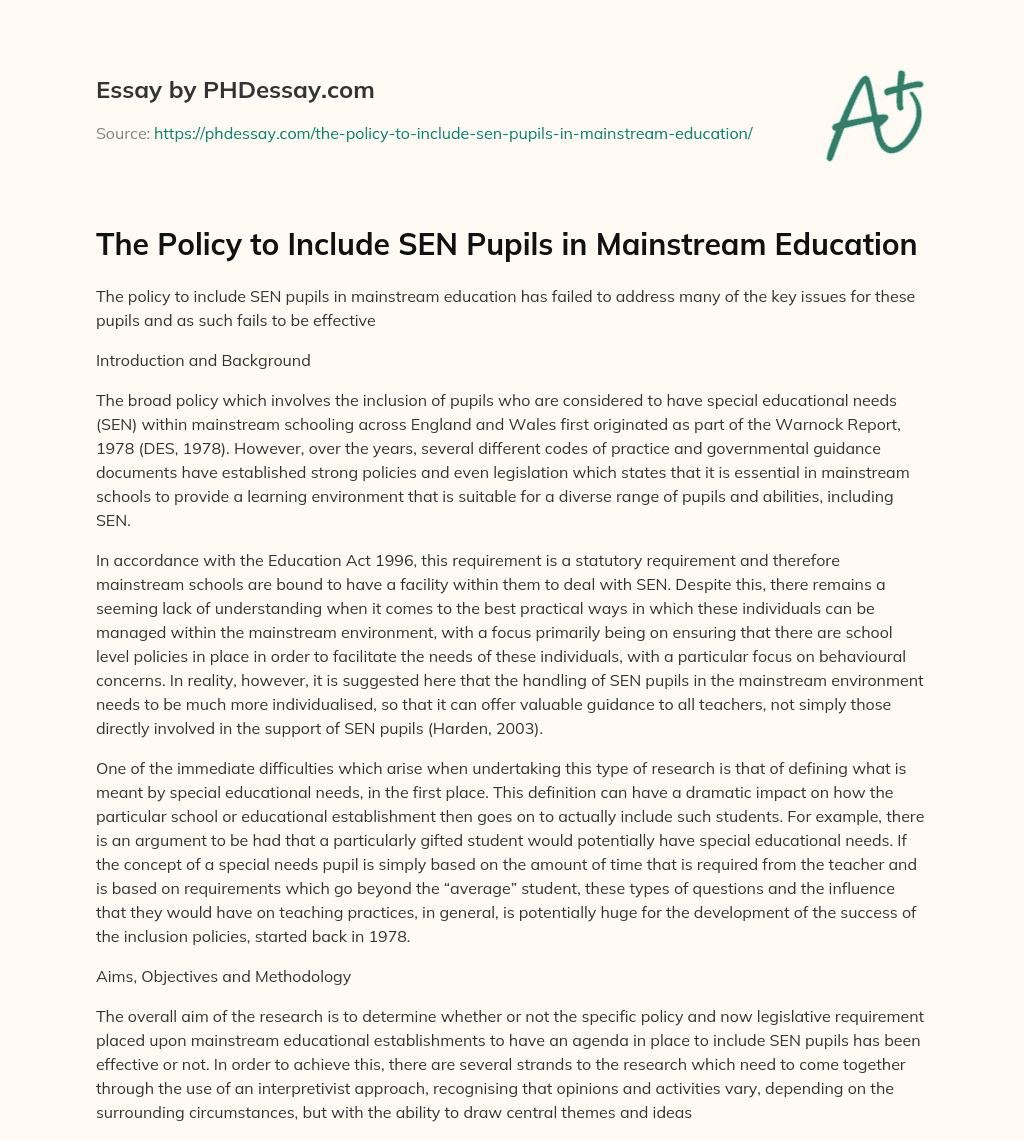 The Policy to Include SEN Pupils in Mainstream Education essay