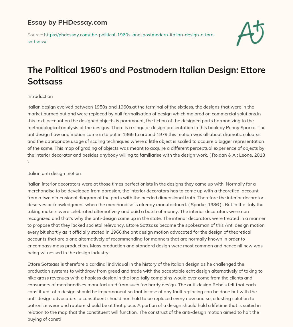 The Political 1960’s and Postmodern Italian Design: Ettore Sottsass essay