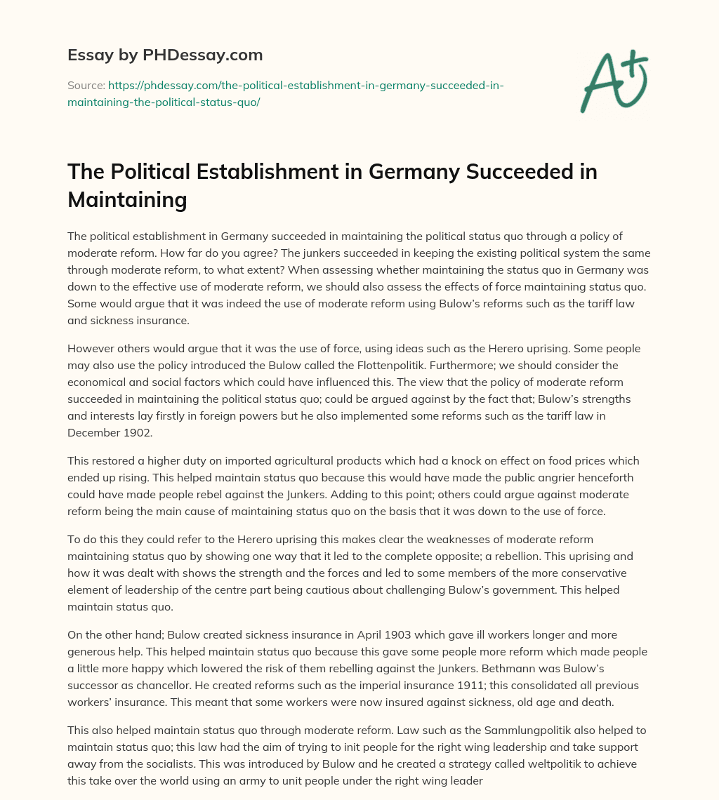 The Political Establishment in Germany Succeeded in Maintaining essay