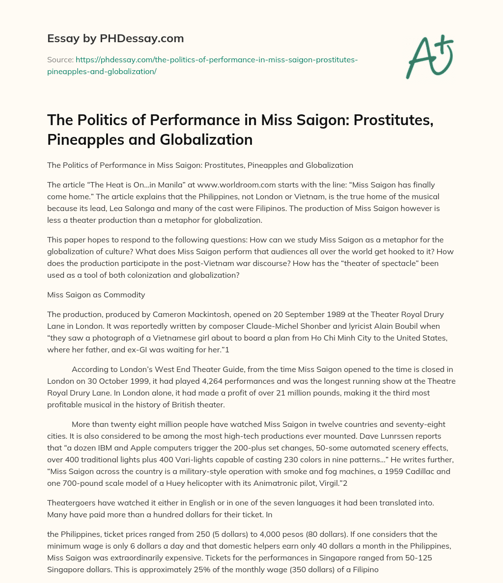 The Politics of Performance in Miss Saigon: Prostitutes, Pineapples and Globalization essay