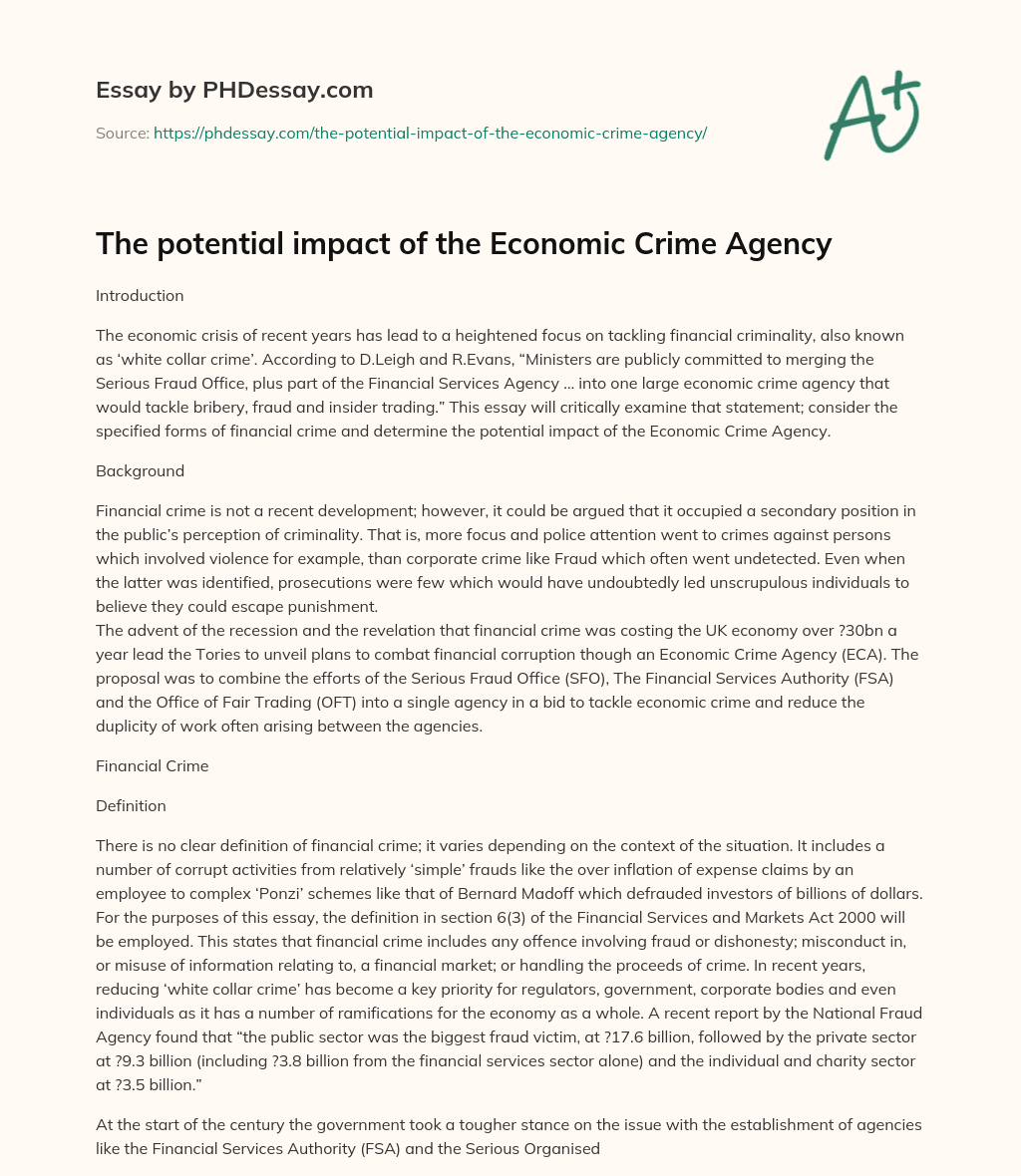 The potential impact of the Economic Crime Agency essay