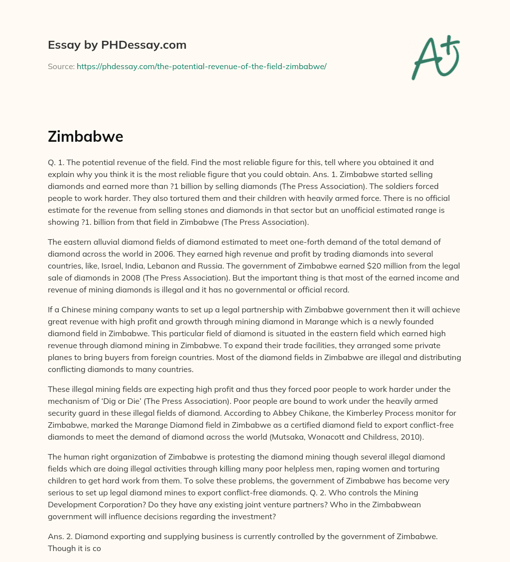 Zimbabwe’s Diamond Industry: Potential Revenue and Controversies essay