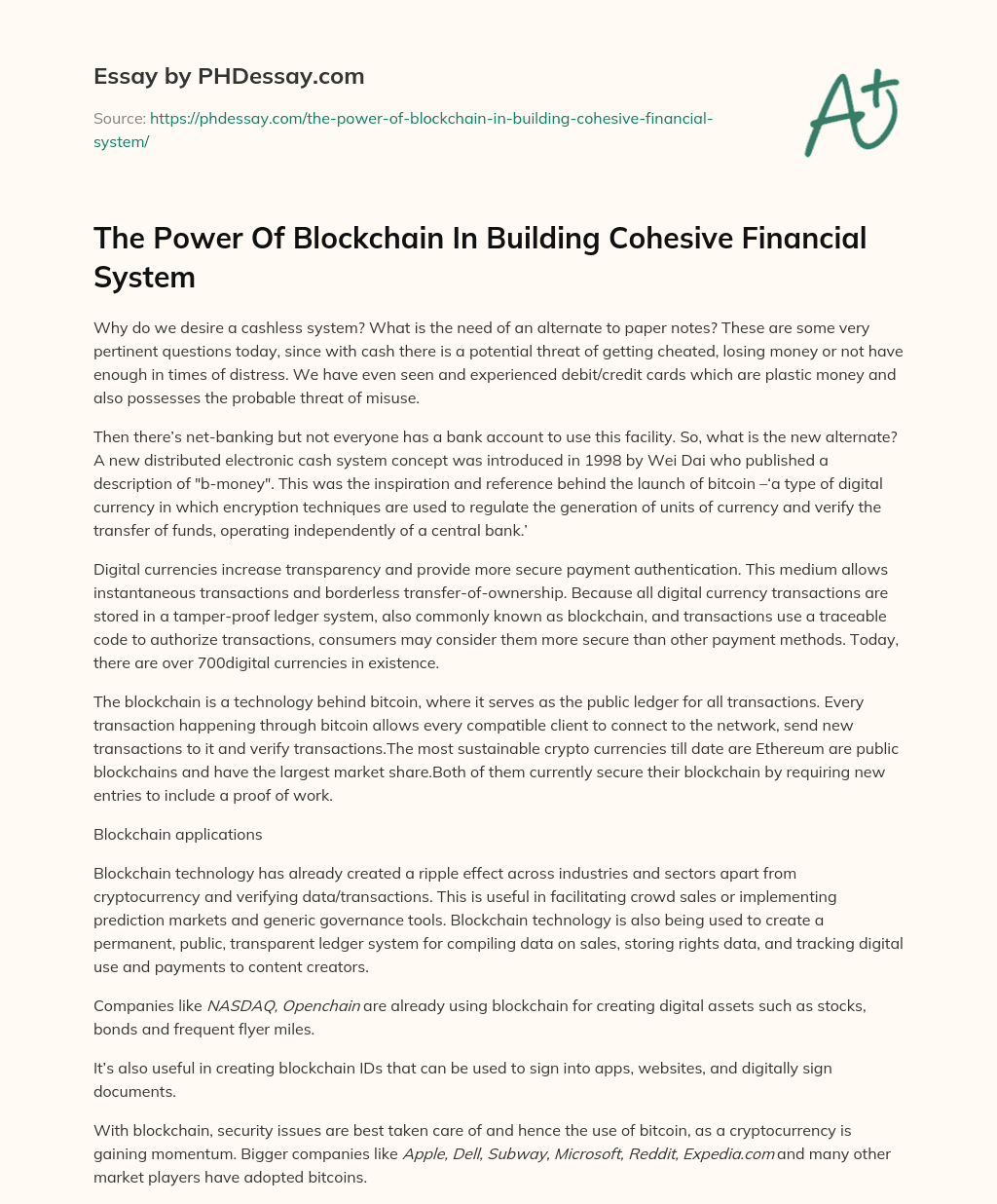The Power Of Blockchain In Building Cohesive Financial System essay