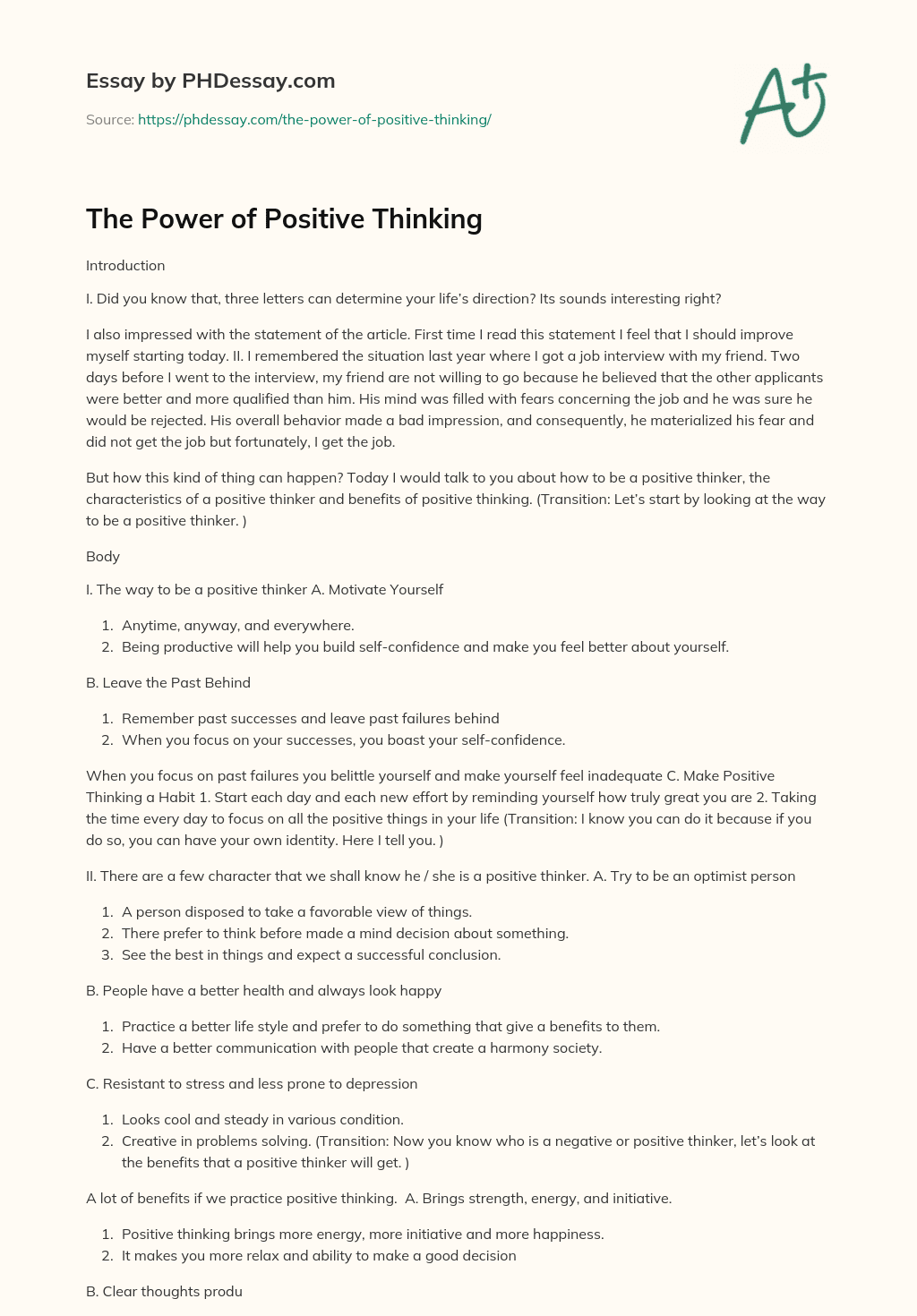 positive thinking definition essay