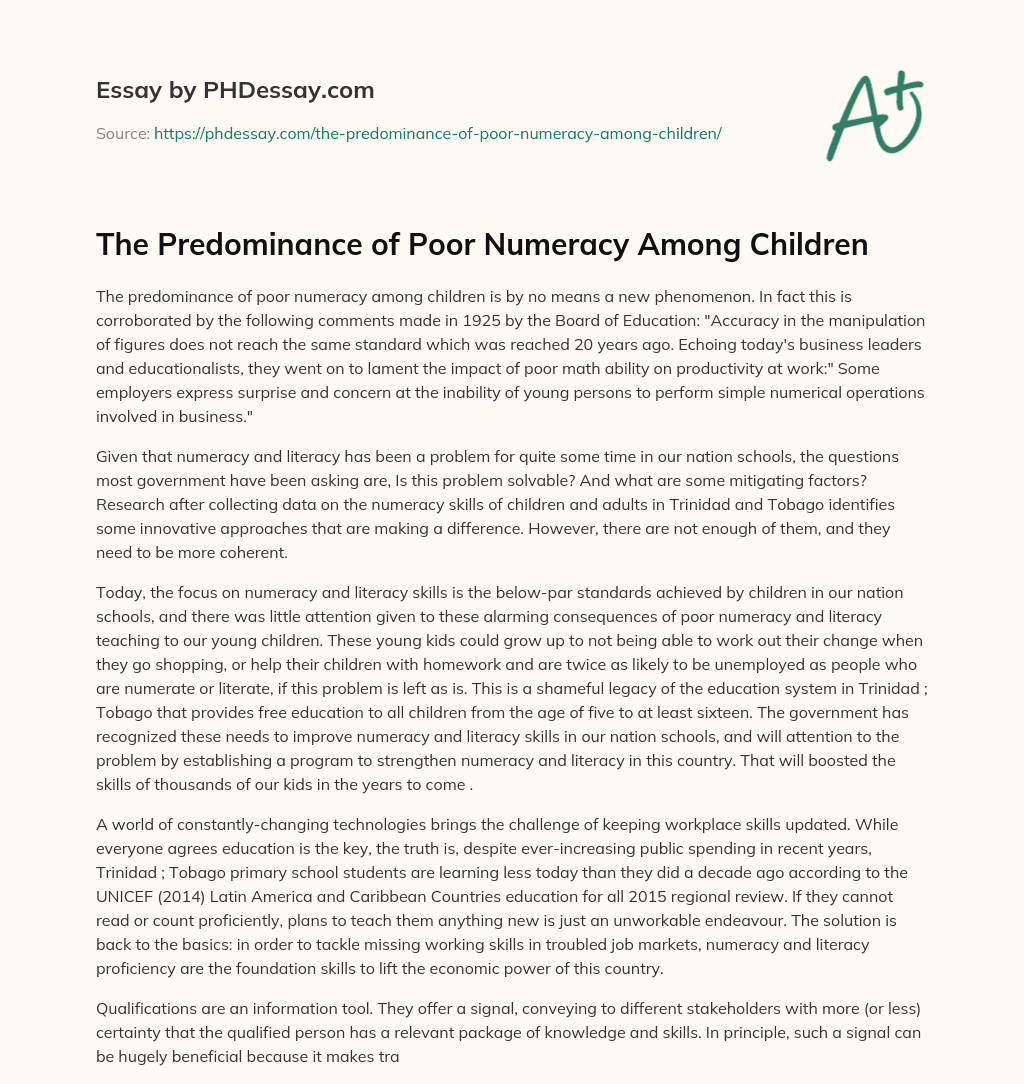 The Predominance of Poor Numeracy Among Children essay
