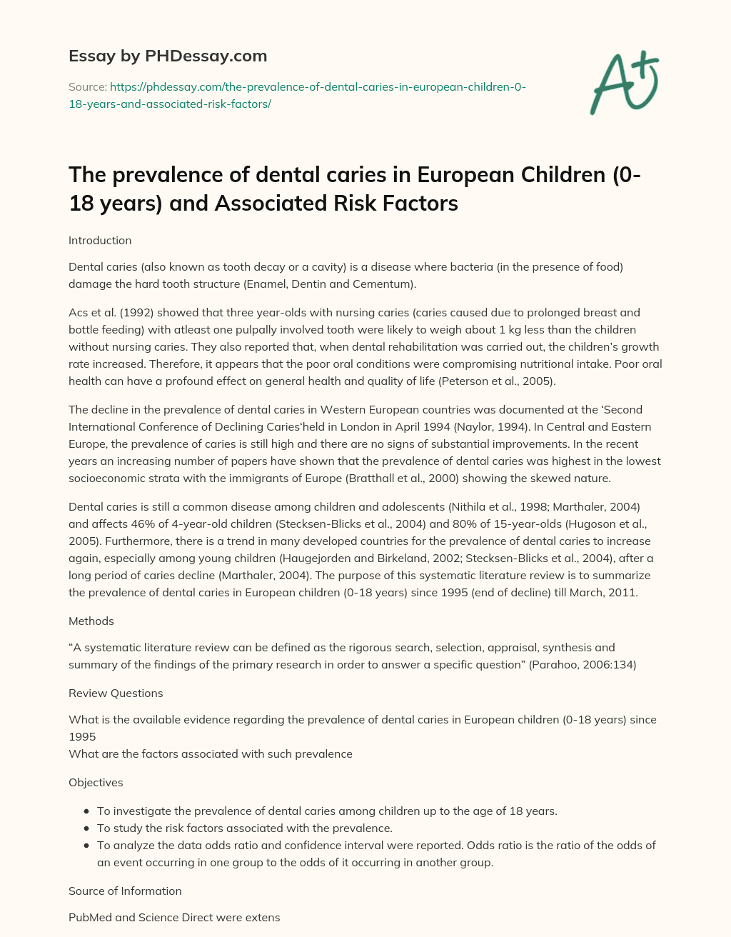 The prevalence of dental caries in European Children (018 years) and