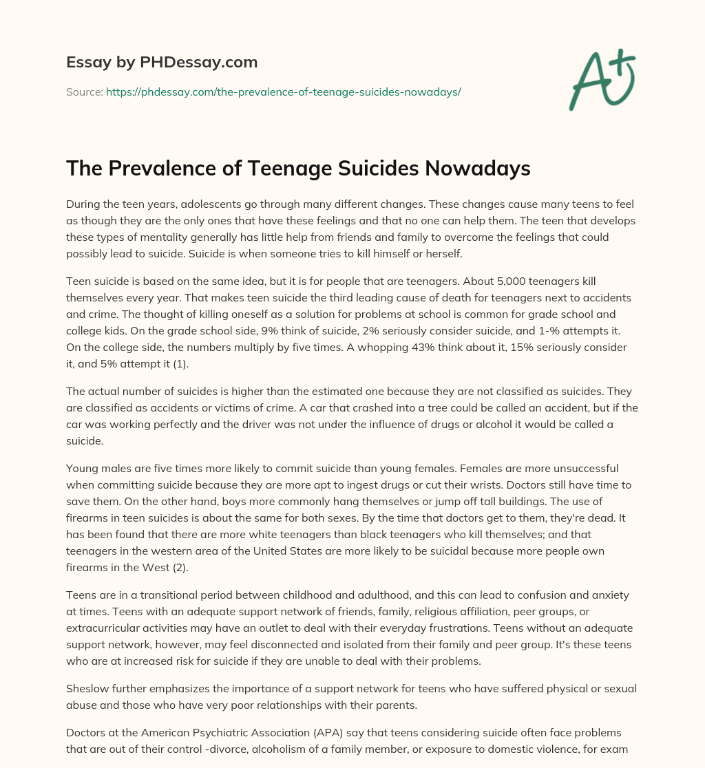 The Prevalence of Teenage Suicides Nowadays essay