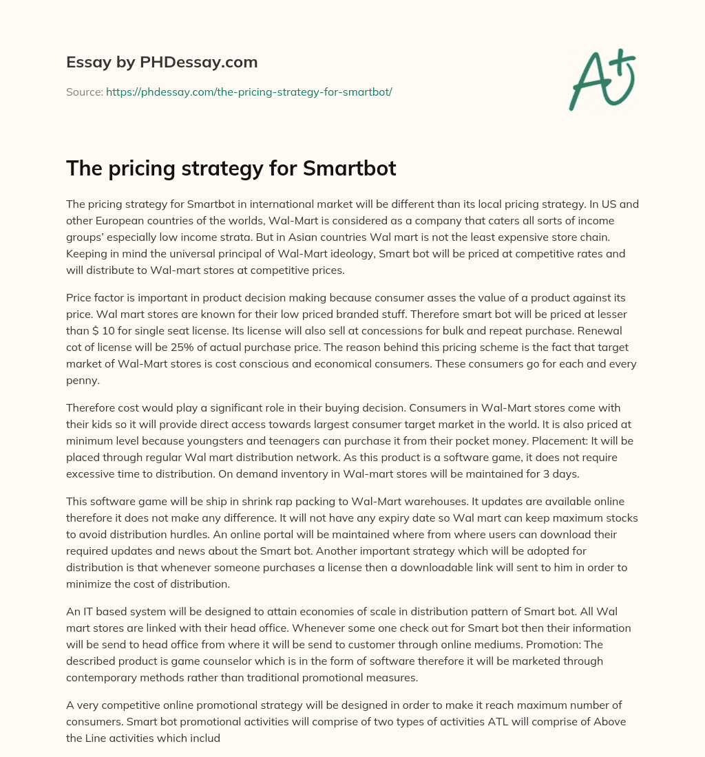 The pricing strategy for Smartbot essay