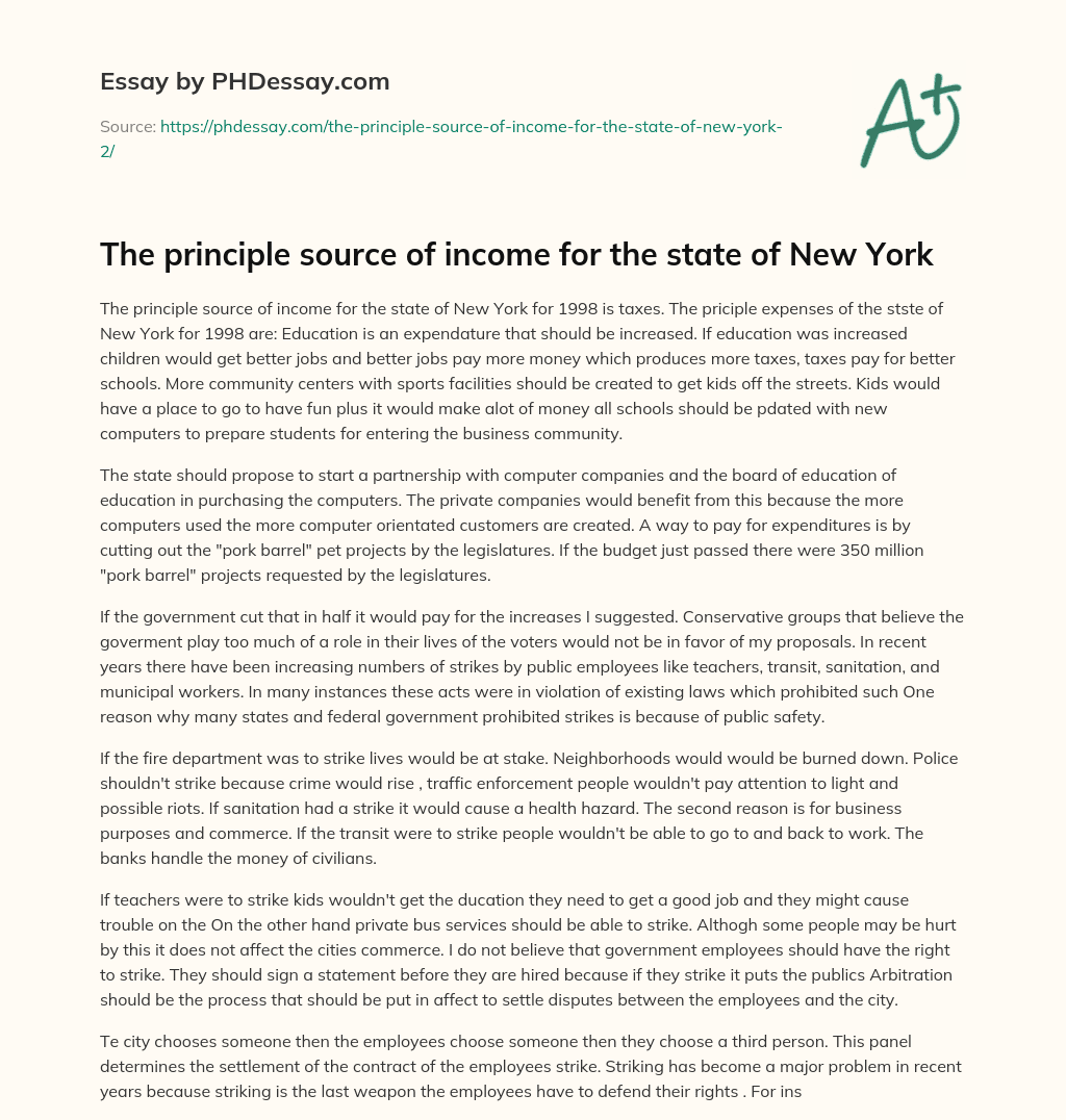 The principle source of income for the state of New York essay