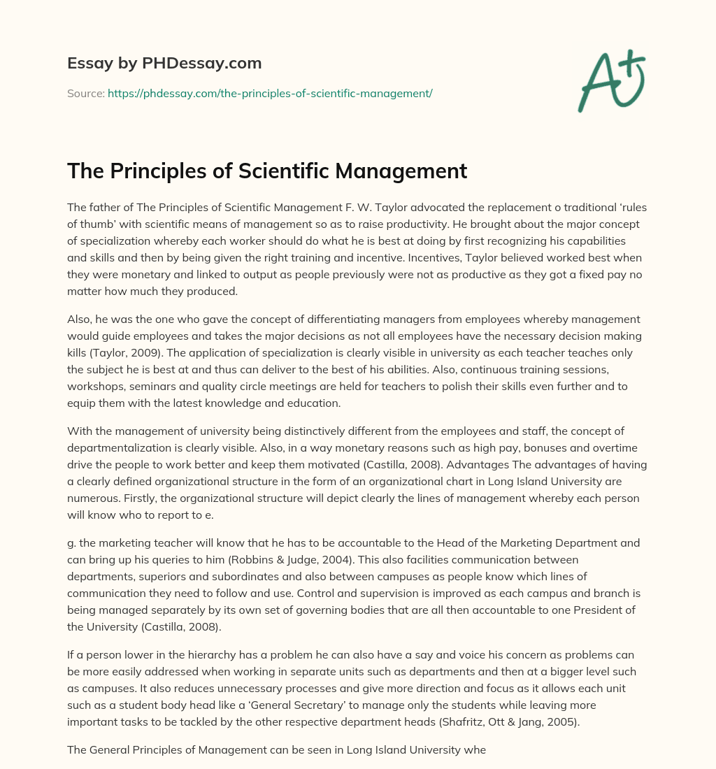 The Principles of Scientific Management essay