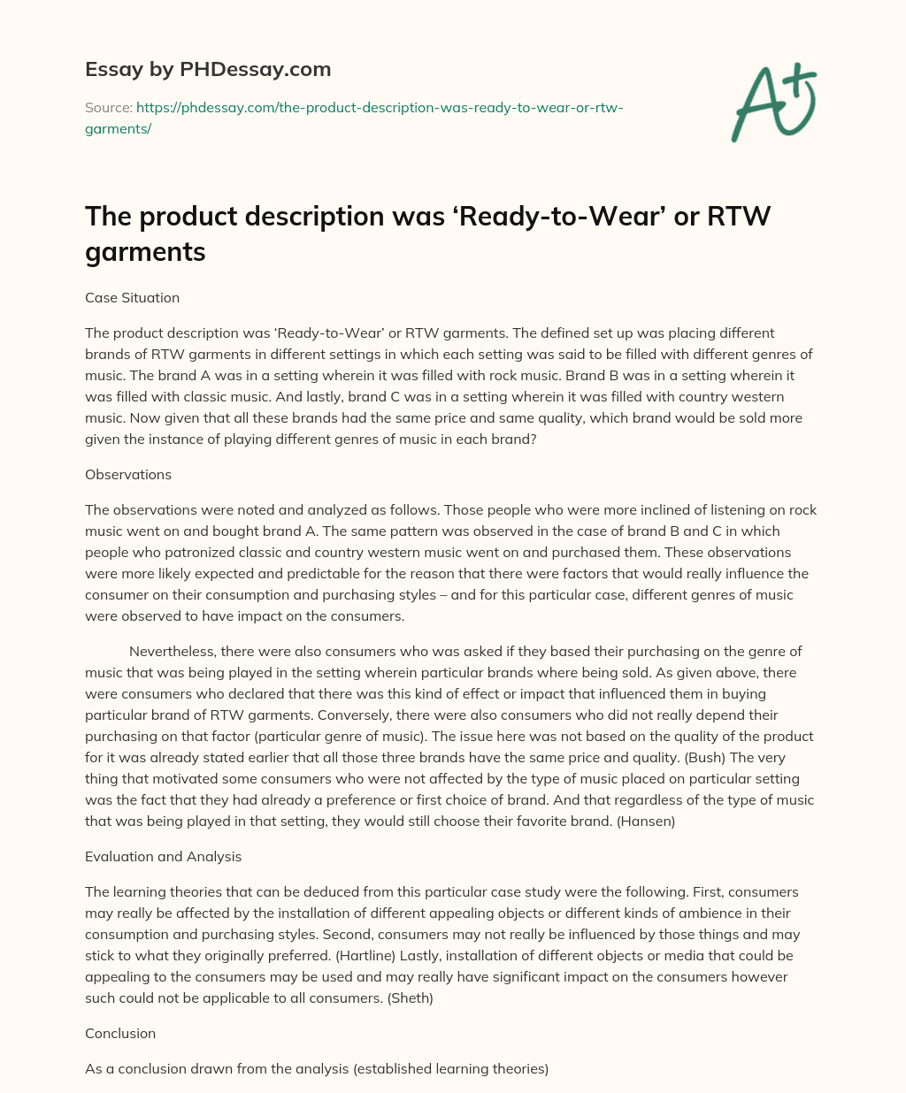 The product description was ‘Ready-to-Wear’ or RTW garments essay