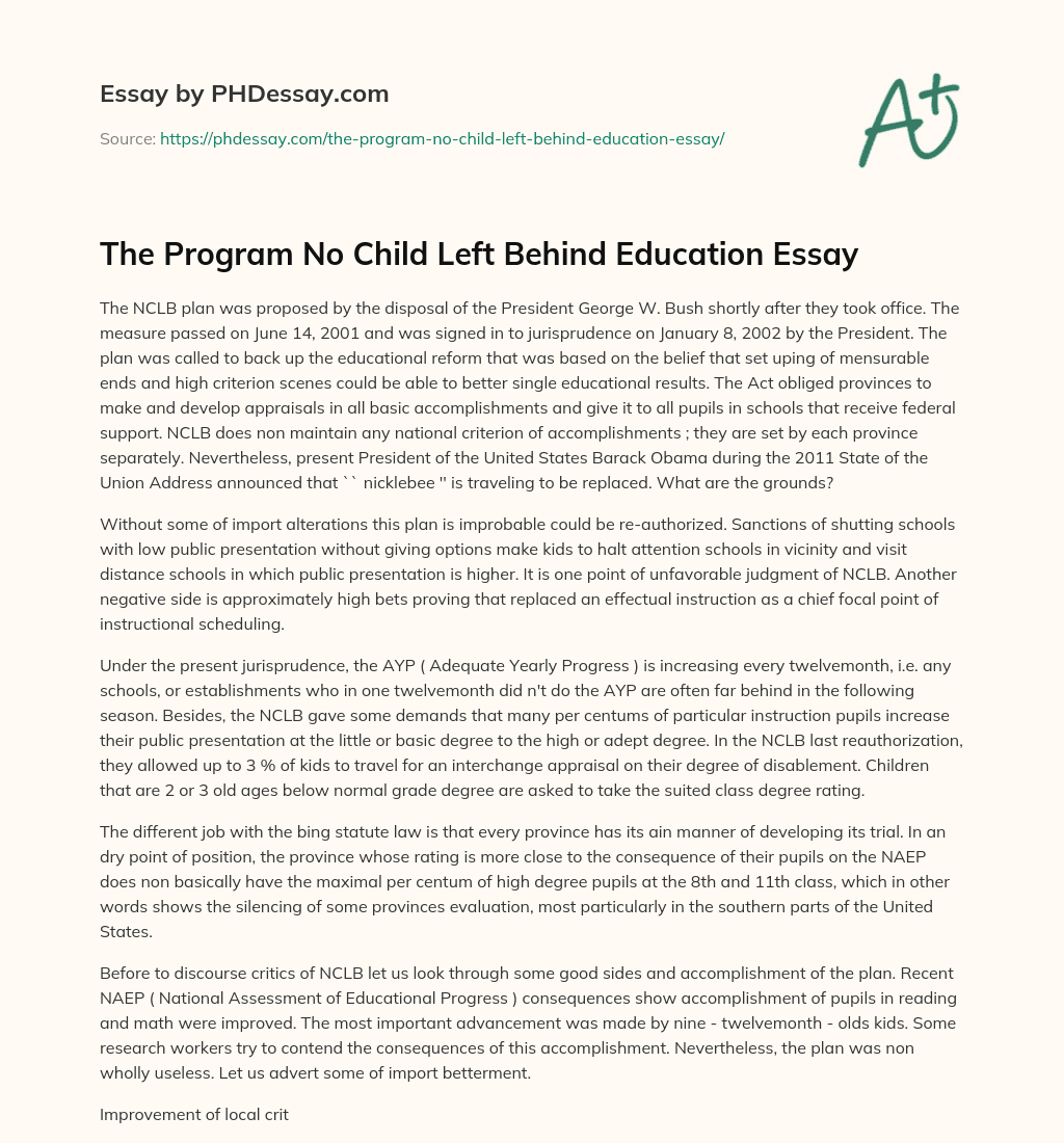 The Program No Child Left Behind Education Essay essay