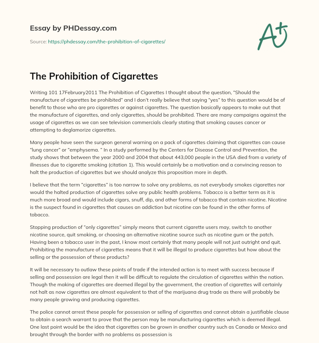 The Prohibition of Cigarettes essay