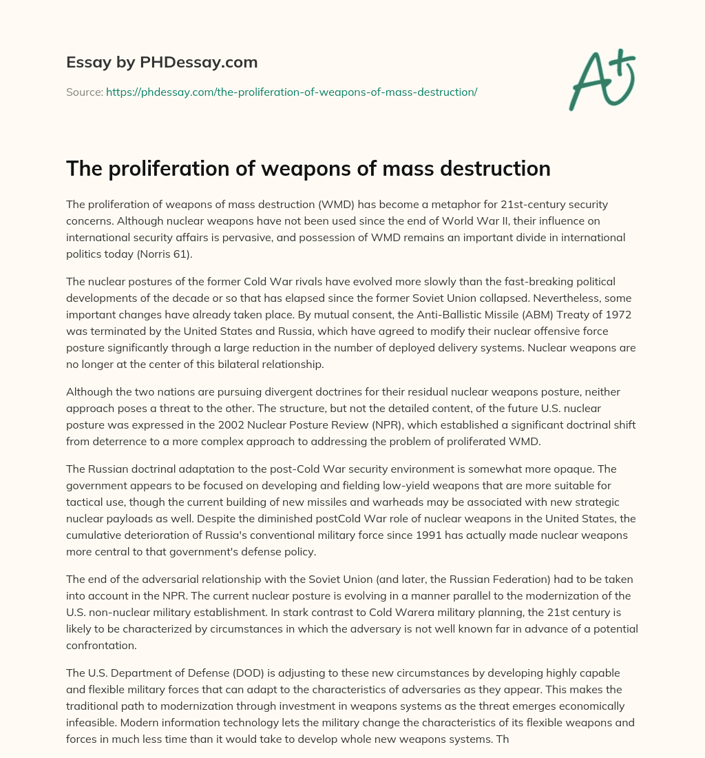 The proliferation of weapons of mass destruction essay