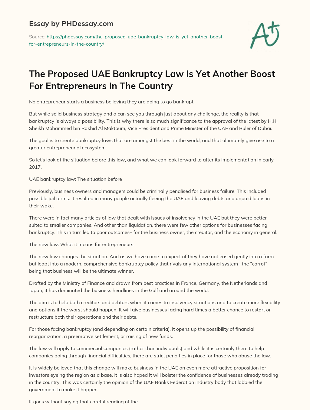 The Proposed UAE Bankruptcy Law Is Yet Another Boost For Entrepreneurs In The Country essay
