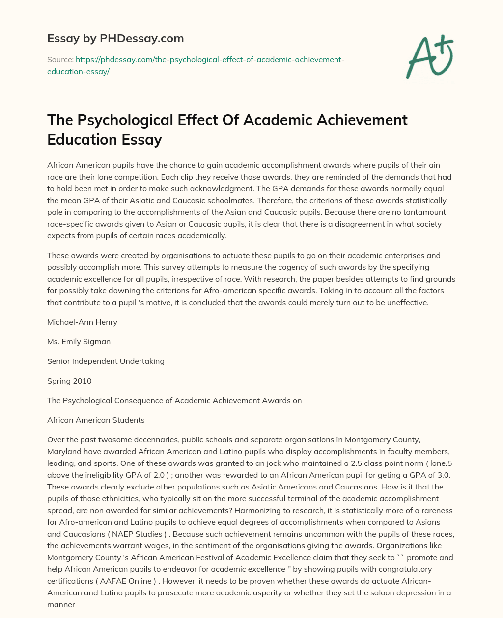 The Psychological Effect Of Academic Achievement Education Essay essay