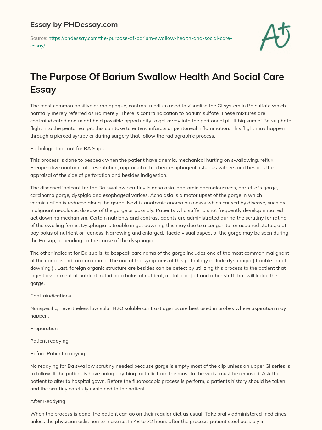 The Purpose Of Barium Swallow Health And Social Care Essay essay