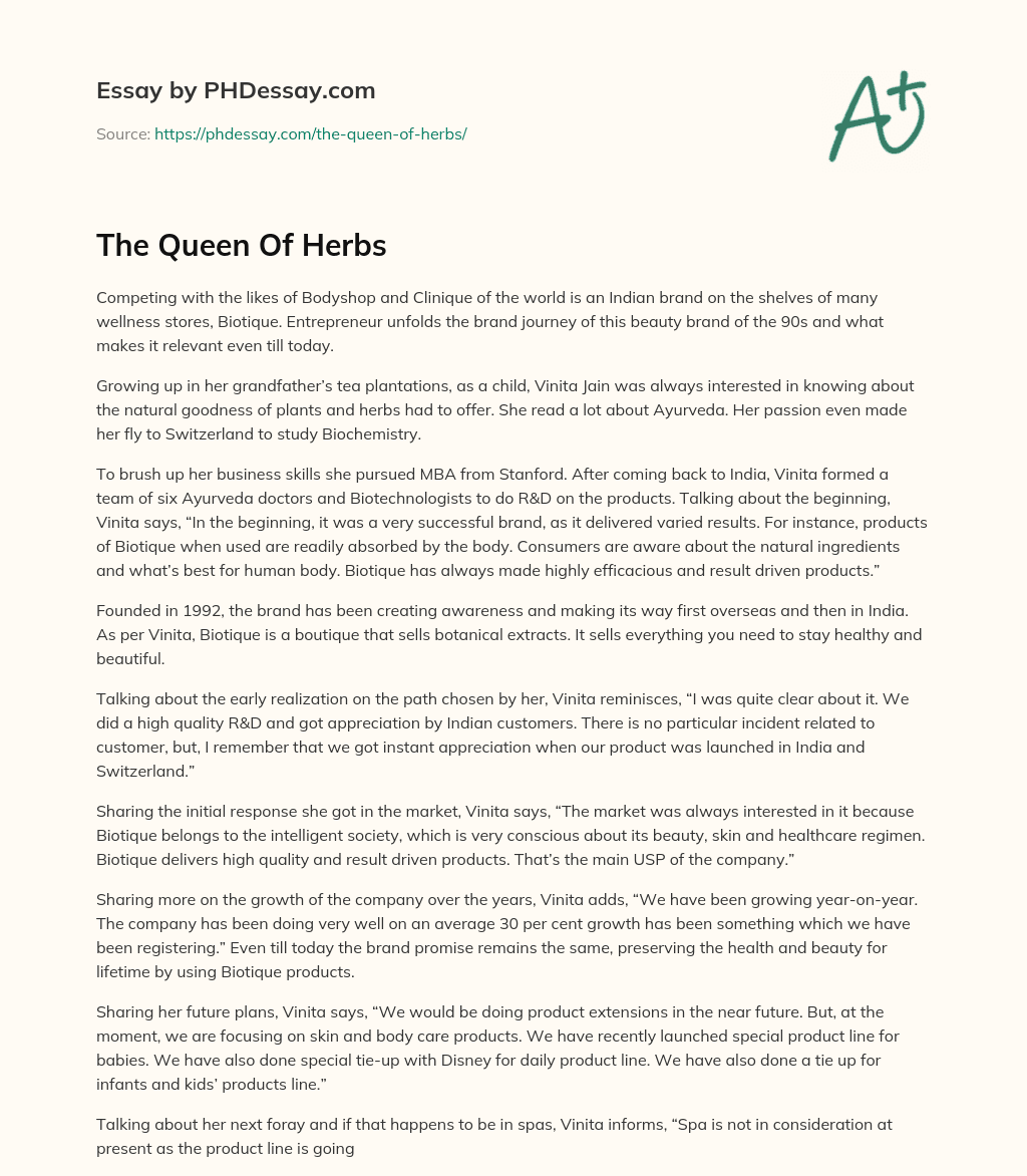 The Queen Of Herbs essay