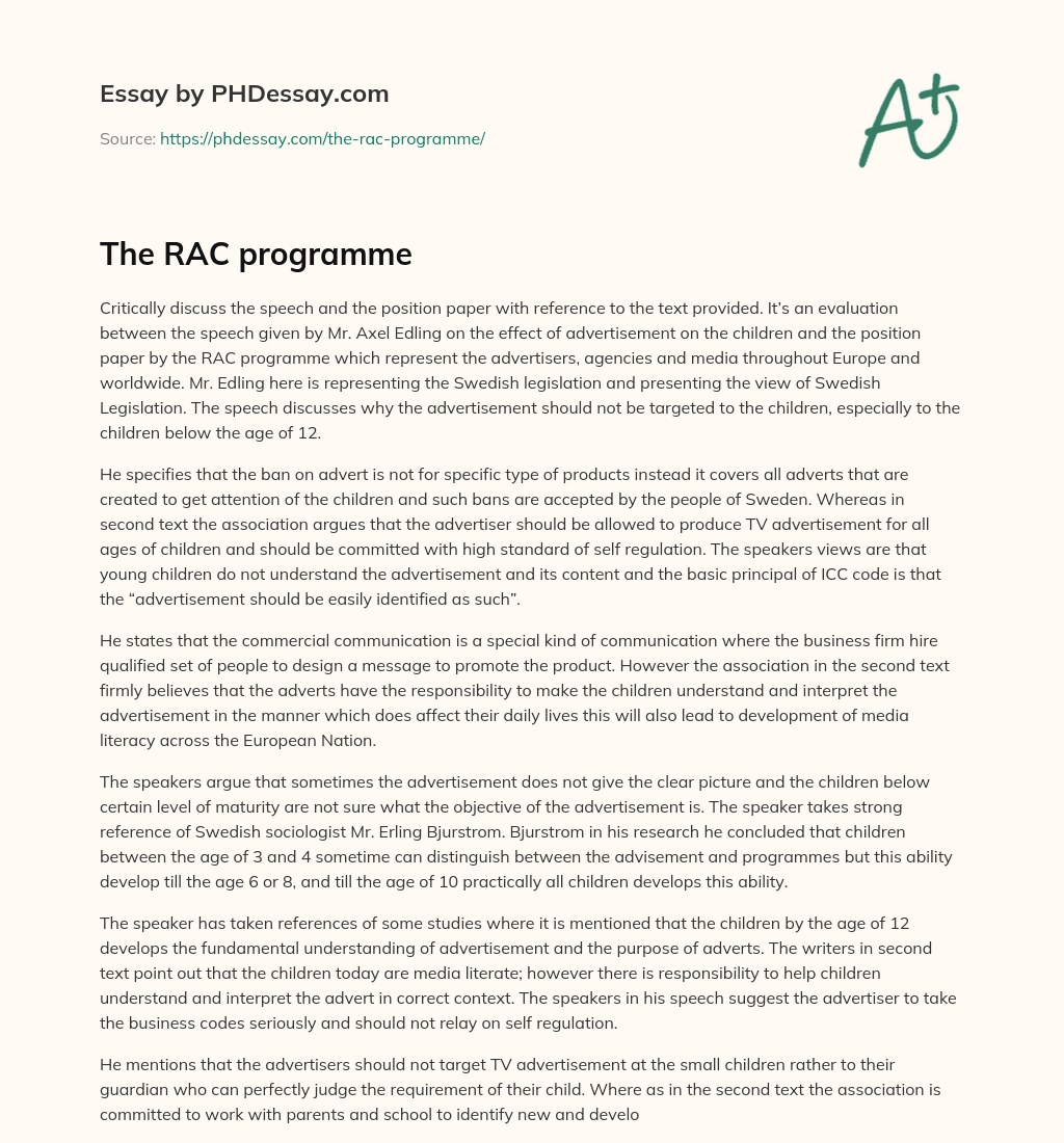 The RAC programme essay