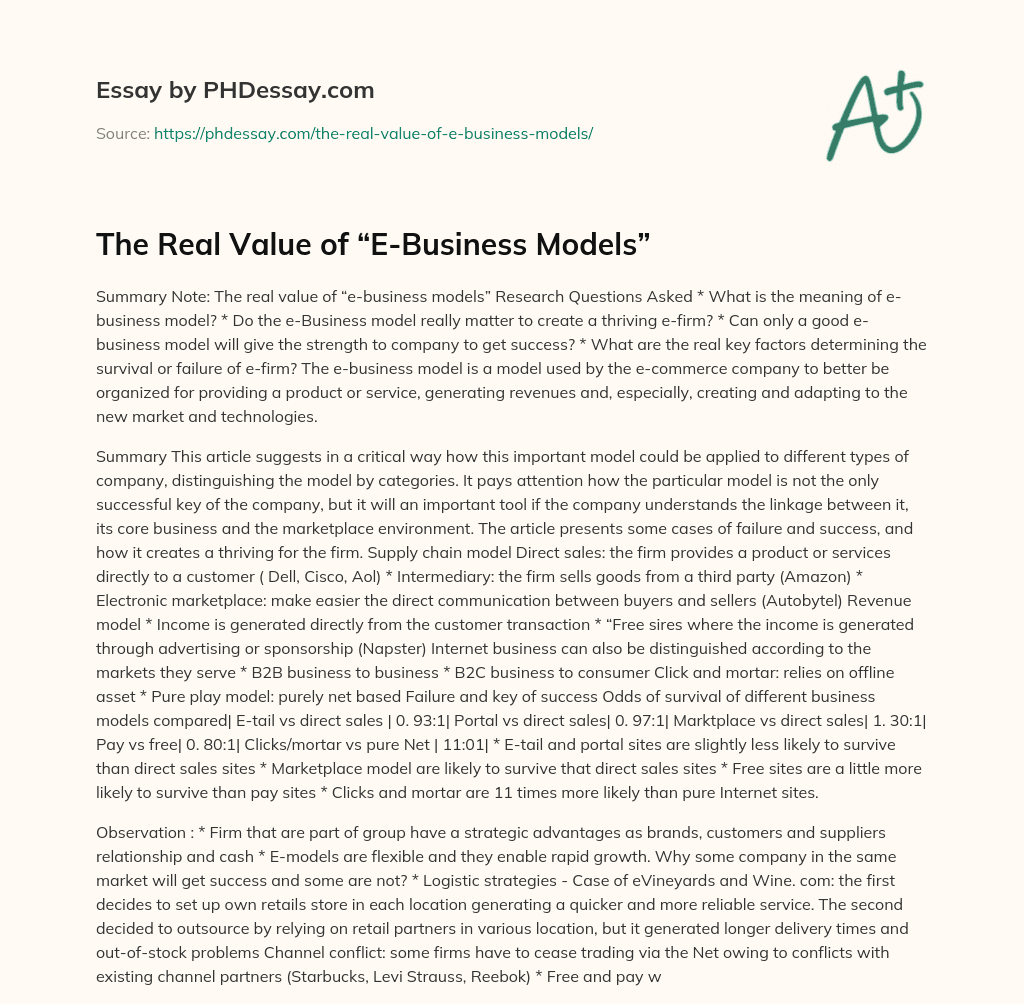 The Real Value of “E-Business Models” essay