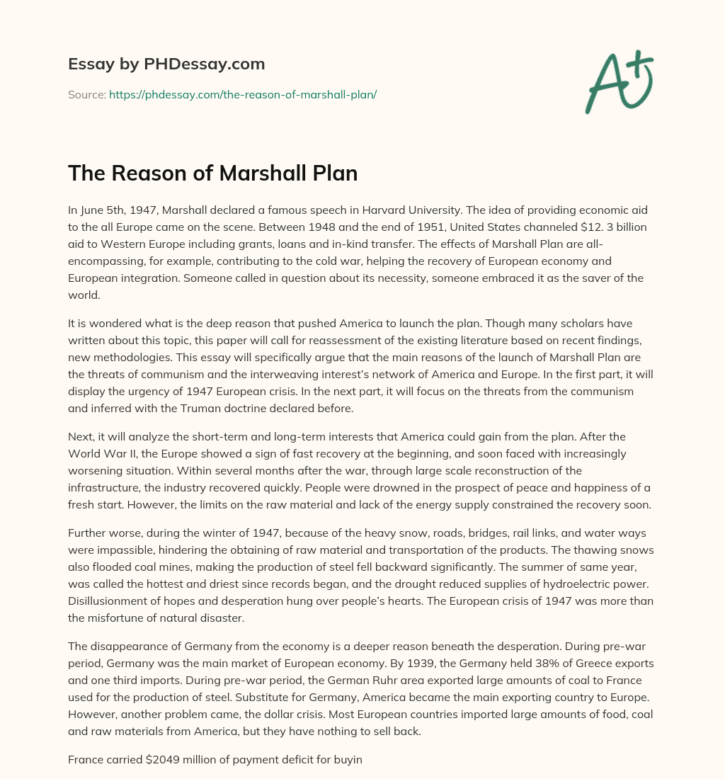 The Reason of Marshall Plan essay