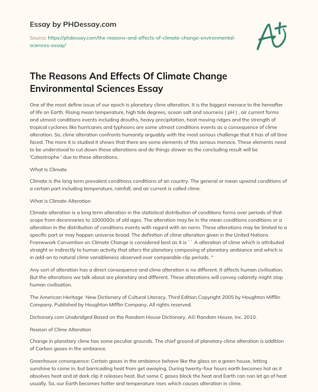 The Reasons And Effects Of Climate Change Environmental Sciences Essay essay