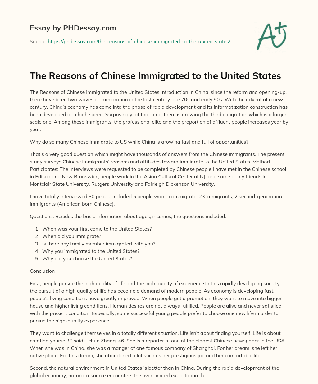 The Reasons of Chinese Immigrated to the United States essay