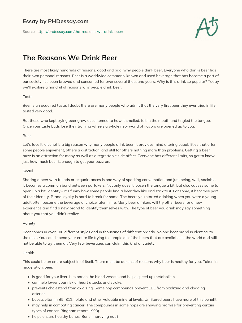 The Reasons We Drink Beer essay