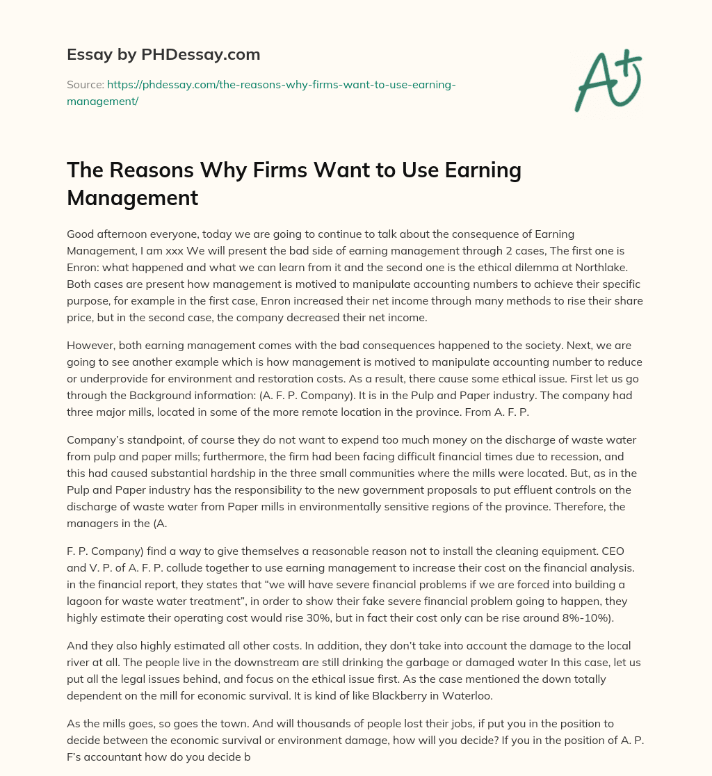 The Reasons Why Firms Want to Use Earning Management essay