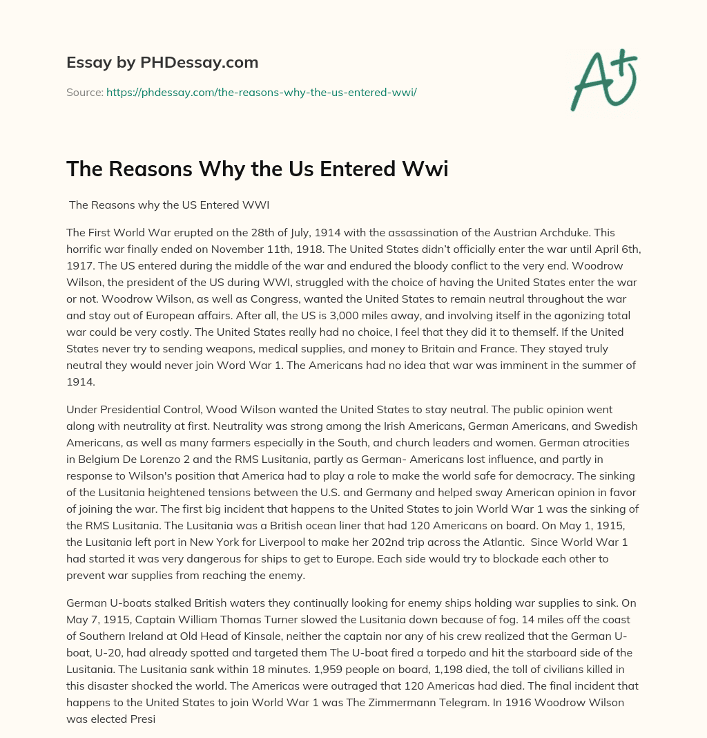 The Reasons Why the Us Entered Wwi essay
