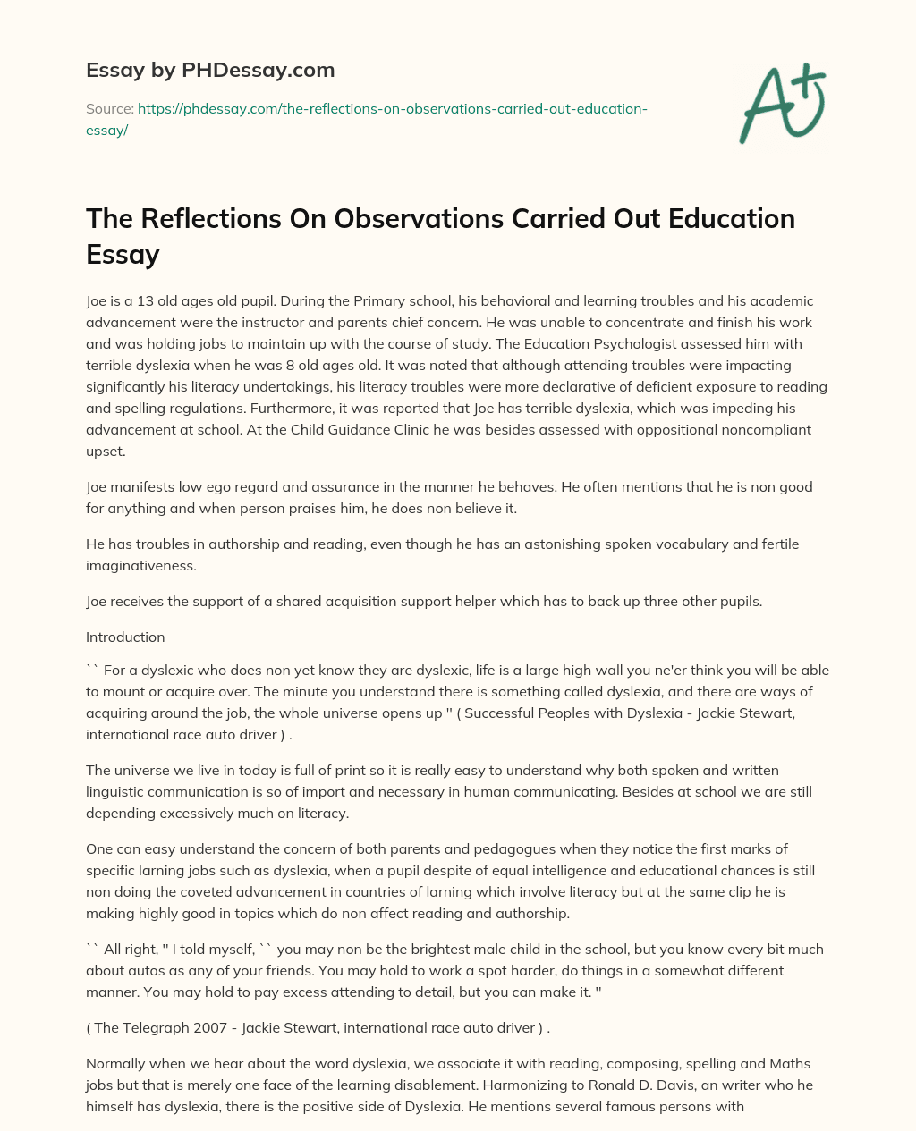 The Reflections On Observations Carried Out Education Essay essay