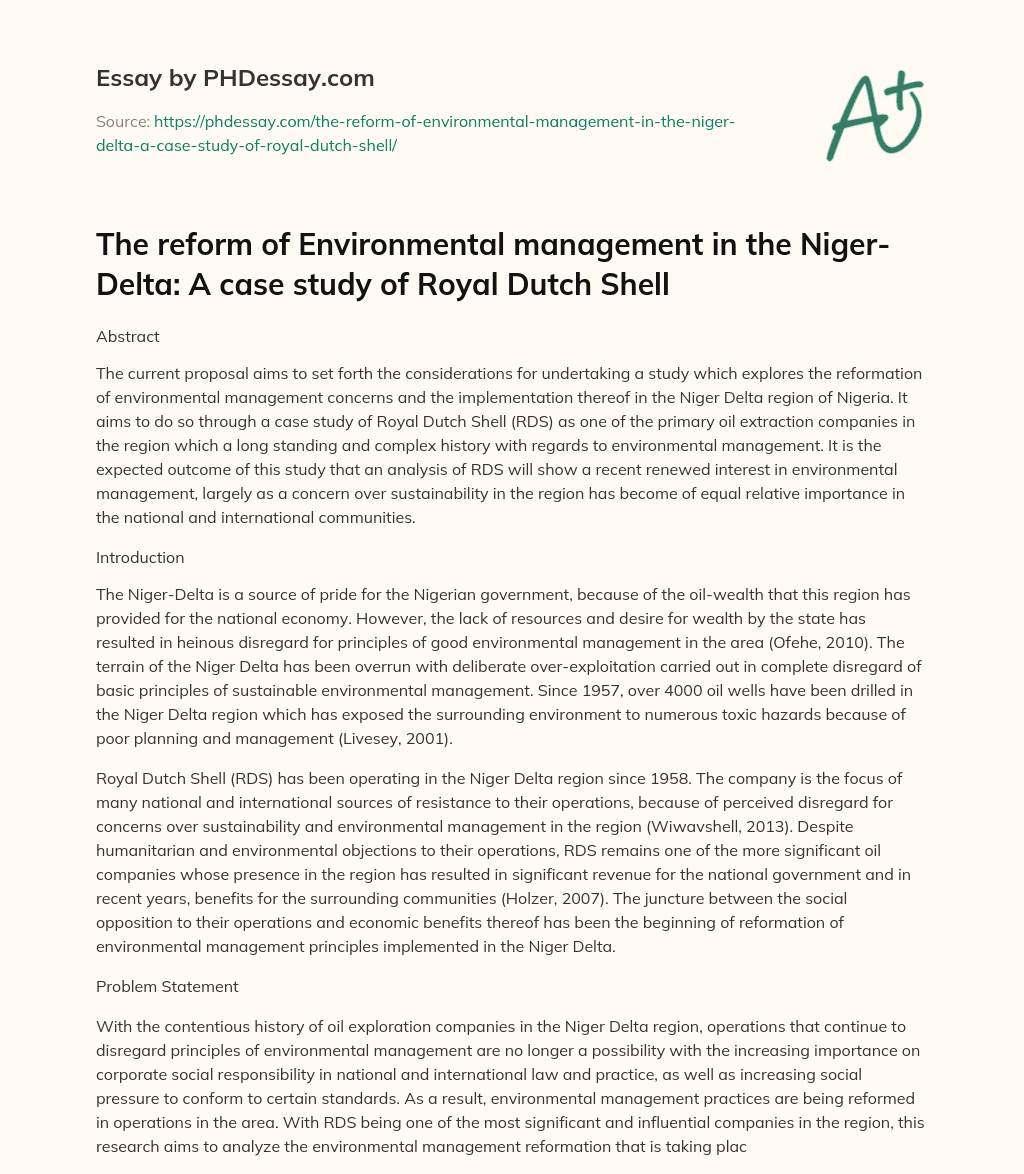Proposal to Study Reformation of Environmental Management in Niger Delta, with Royal Dutch Shell as a Case Study essay