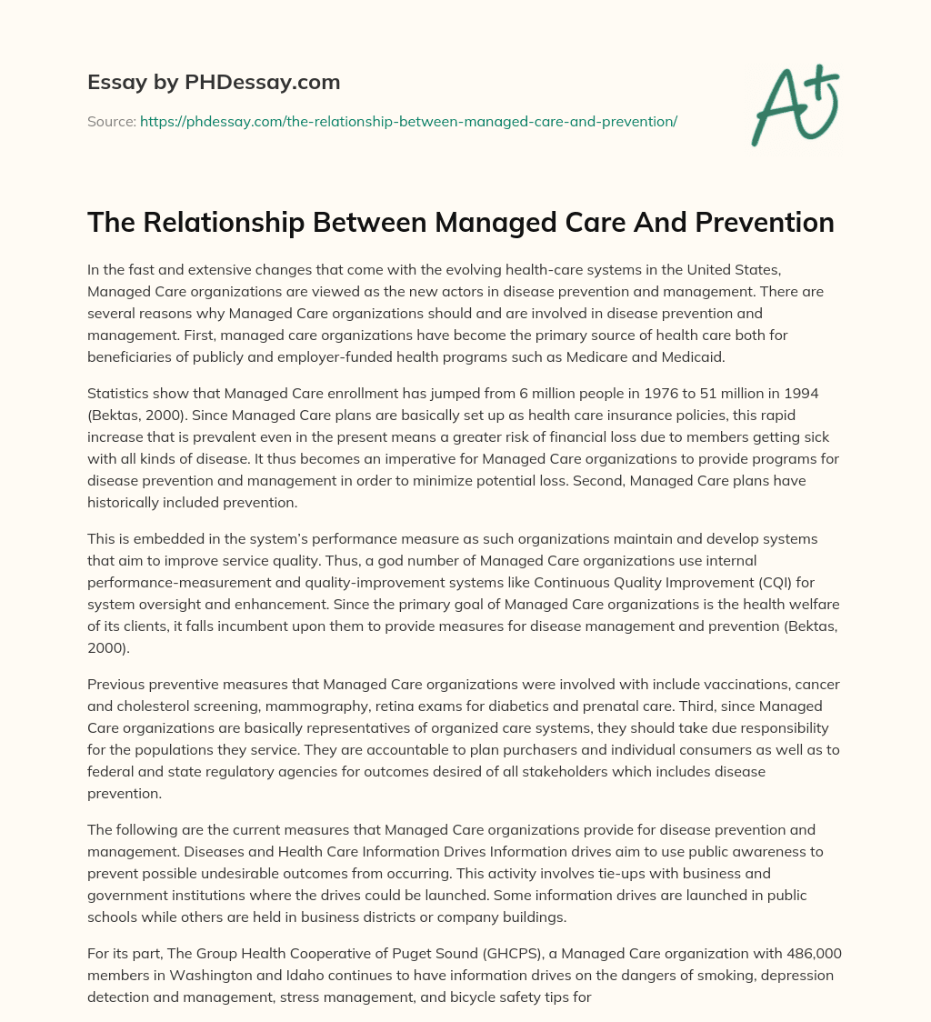 The Relationship Between Managed Care And Prevention essay