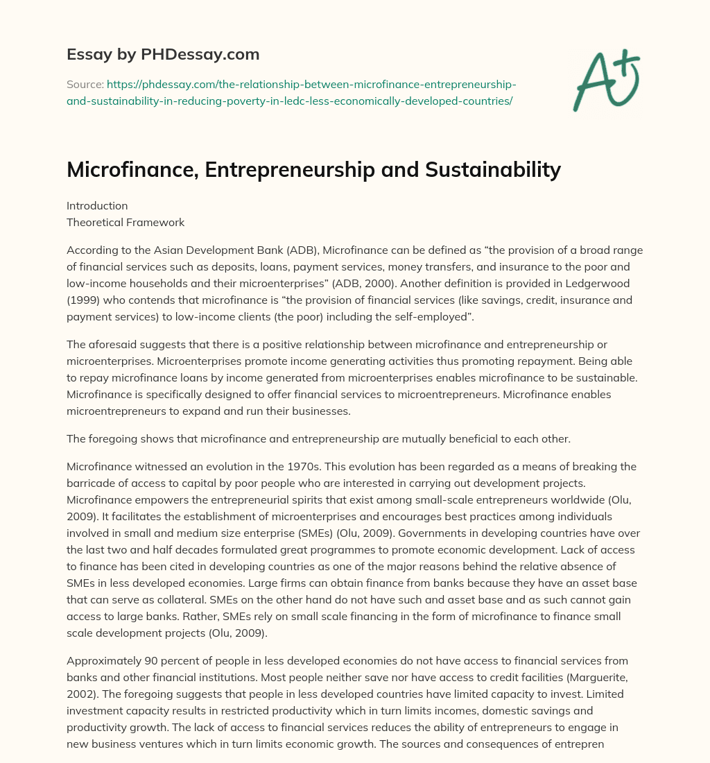 Microfinance, Entrepreneurship and Sustainability essay