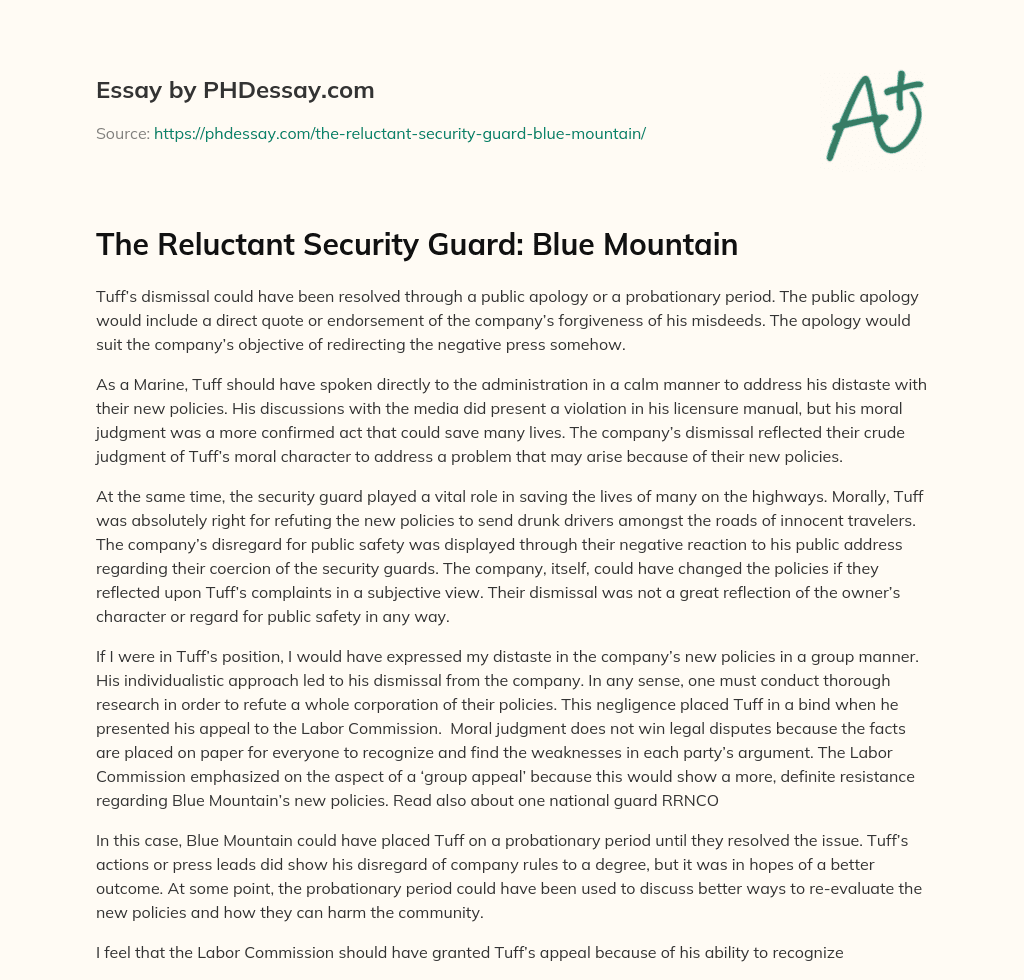 The Reluctant Security Guard:  Blue Mountain essay