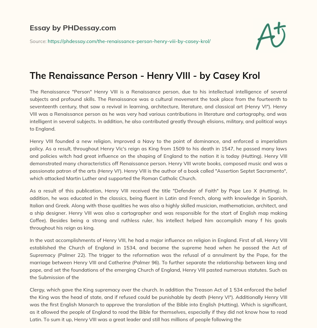 The Renaissance Person – Henry  VIII – by Casey Krol essay