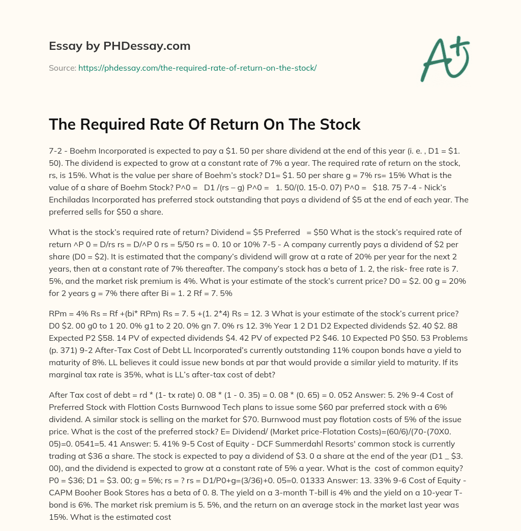 The Required Rate Of Return On The Stock essay