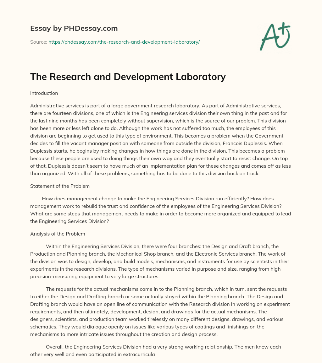 The Research and Development Laboratory essay