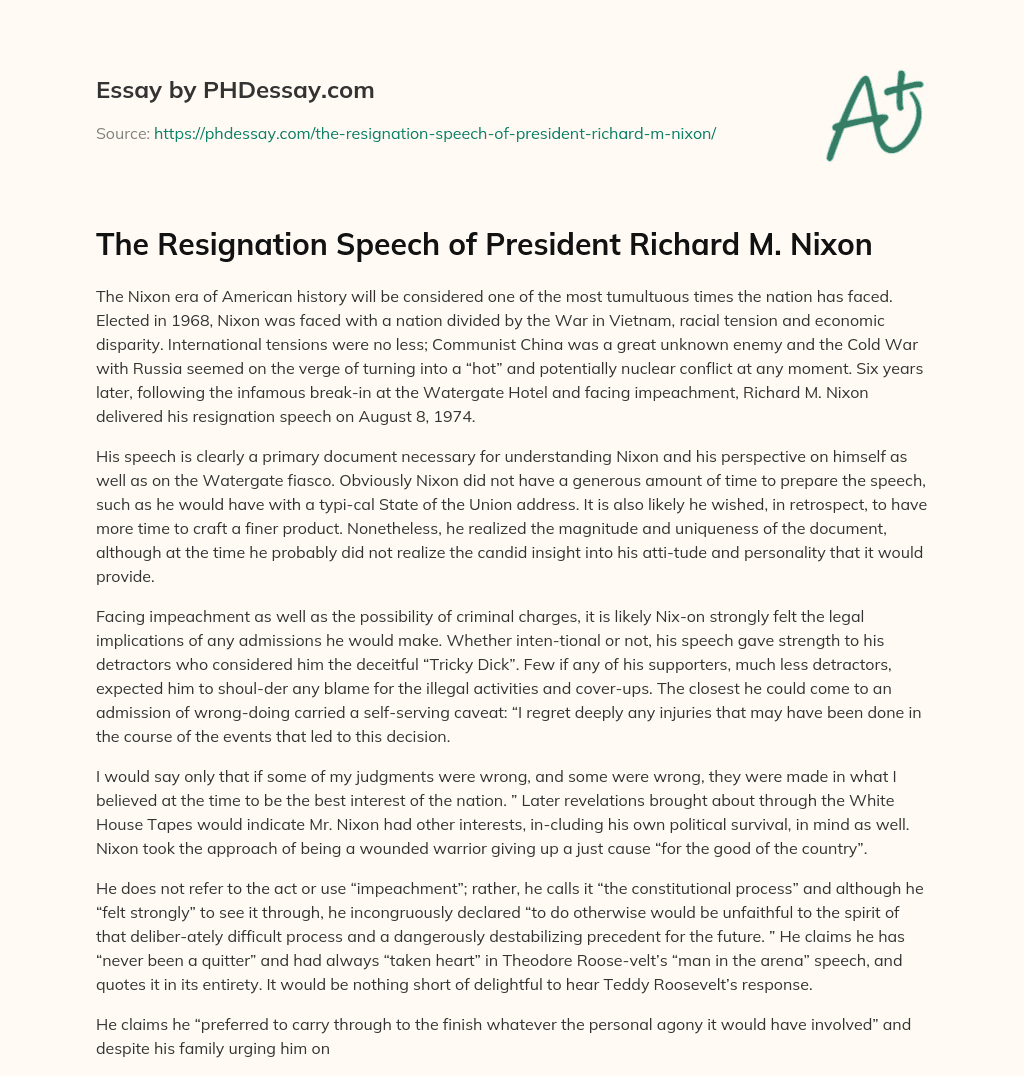The Resignation Speech of President Richard M. Nixon essay