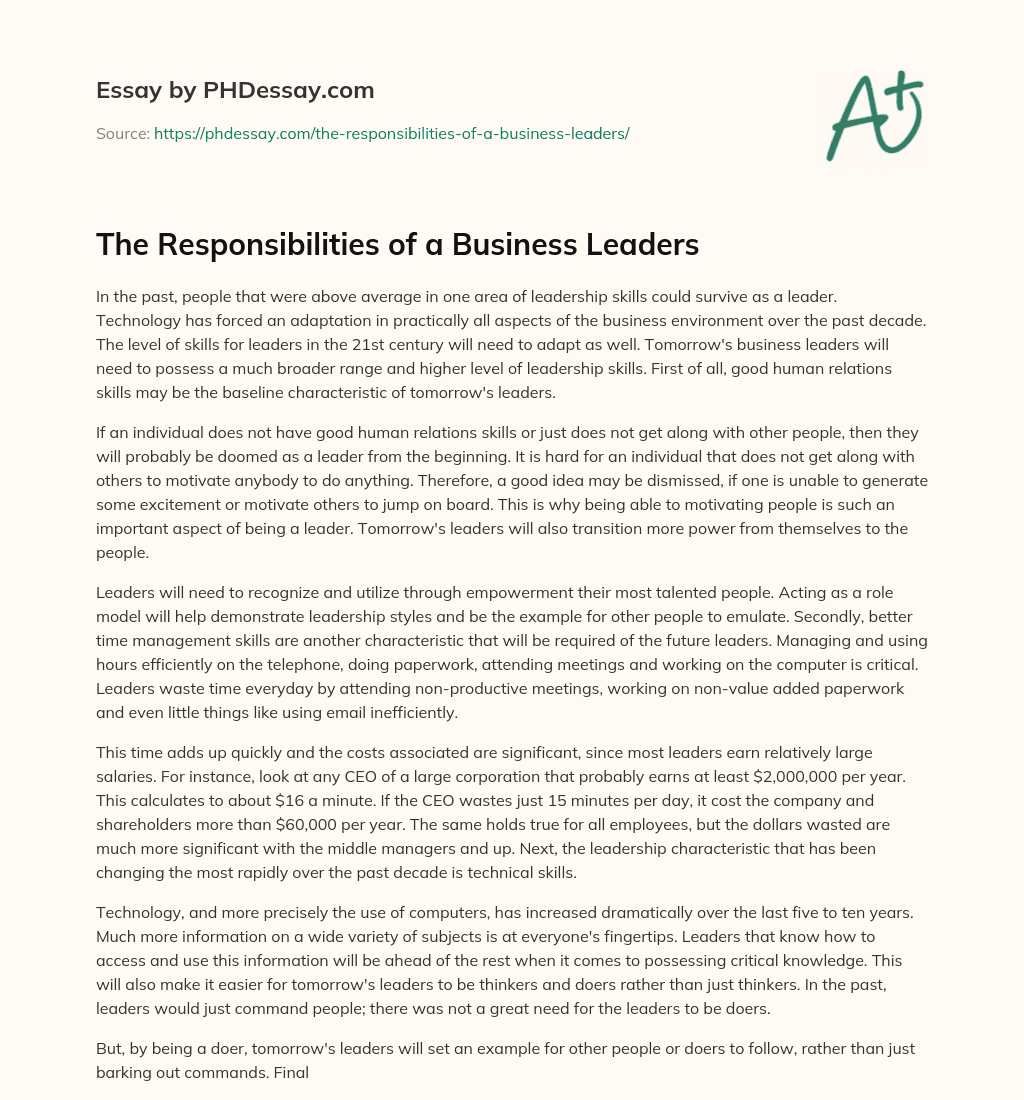 The Responsibilities of a Business Leaders essay