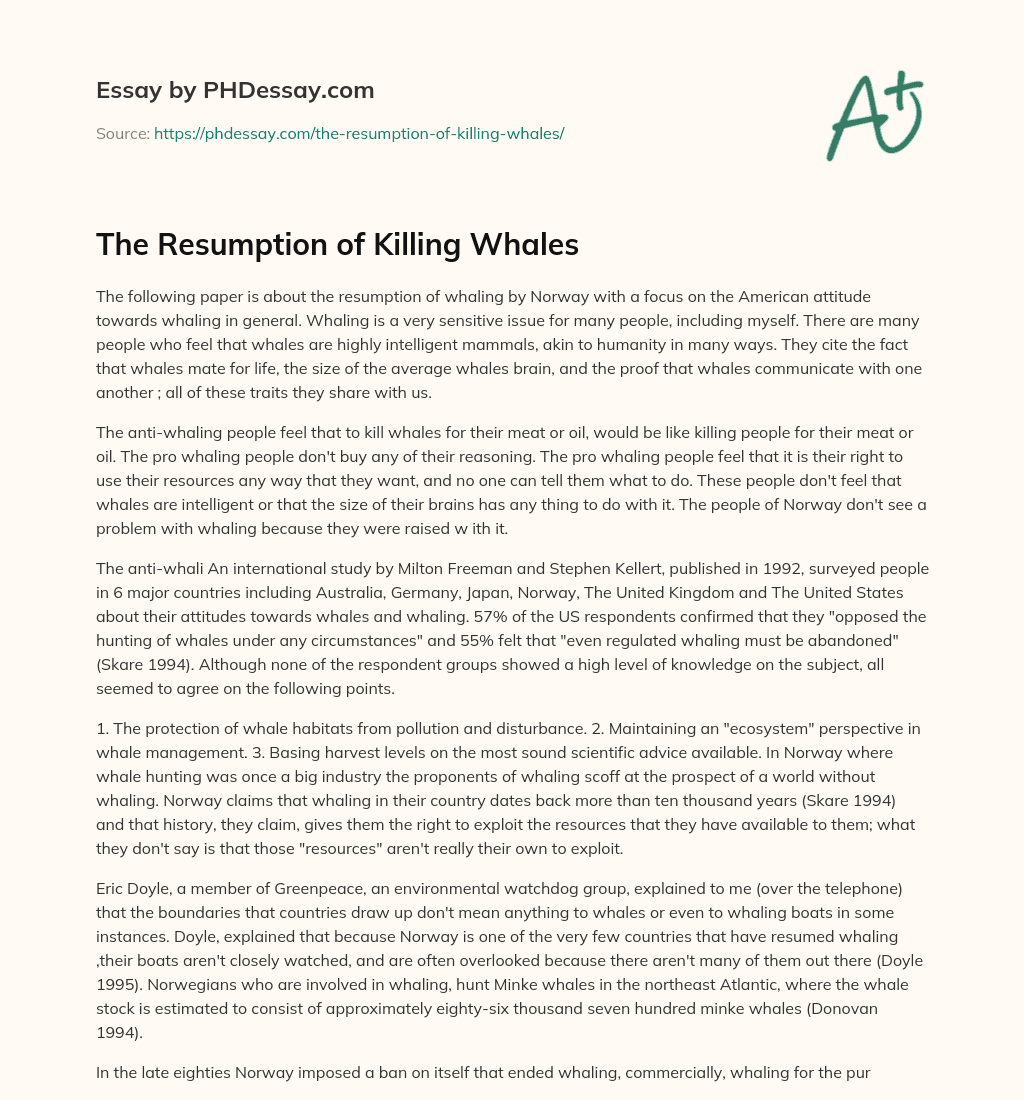 The Resumption of Killing Whales essay