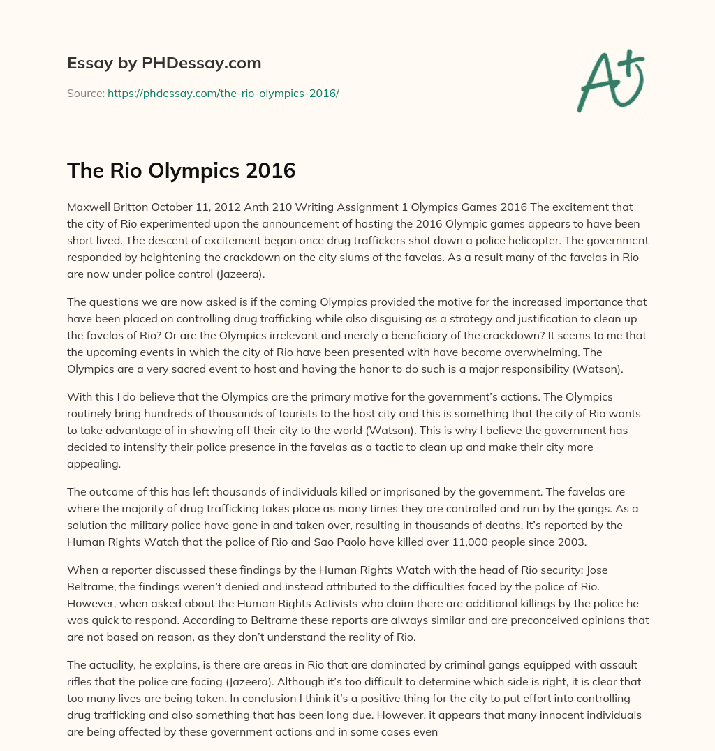 The Rio Olympics 2016 essay