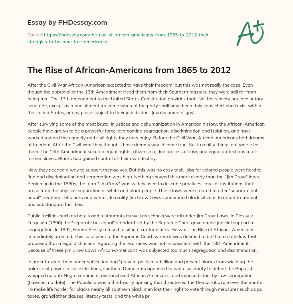 The Rise of African-Americans from 1865 to 2012 essay