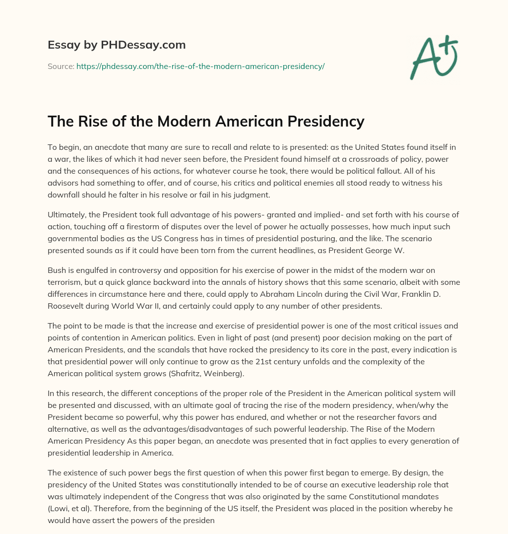 The Rise of the Modern American Presidency essay