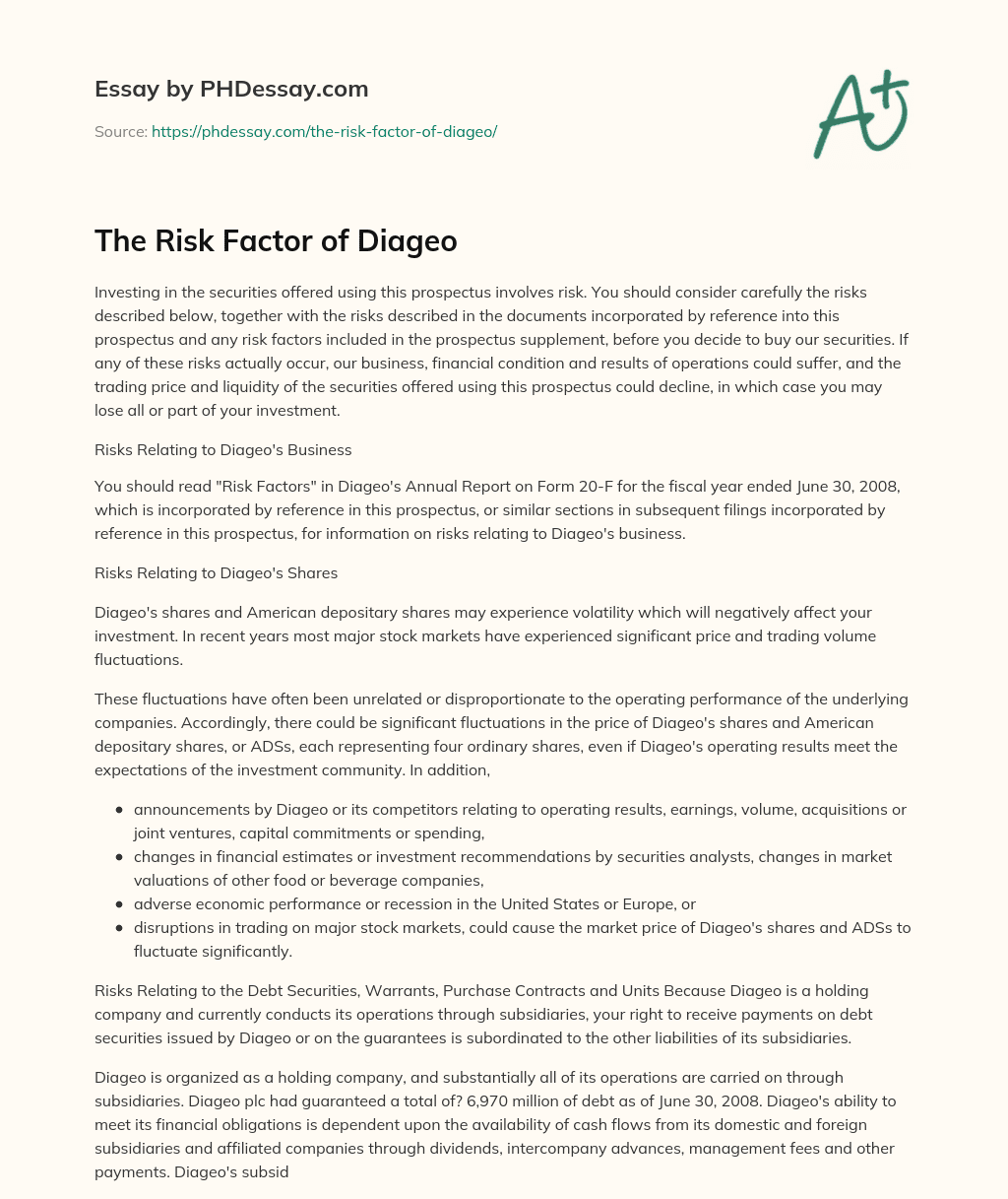 The Risk Factor of Diageo essay