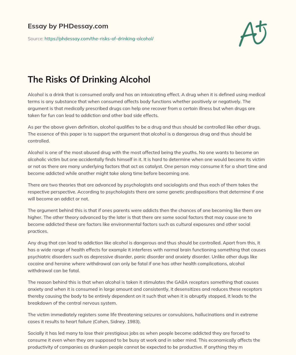The Risks Of Drinking Alcohol essay