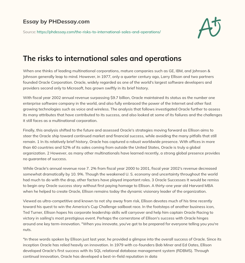 The risks to international sales and operations essay