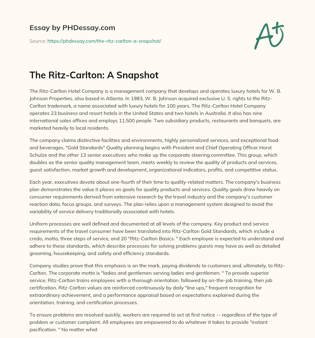 The Ritz-Carlton: A Snapshot essay