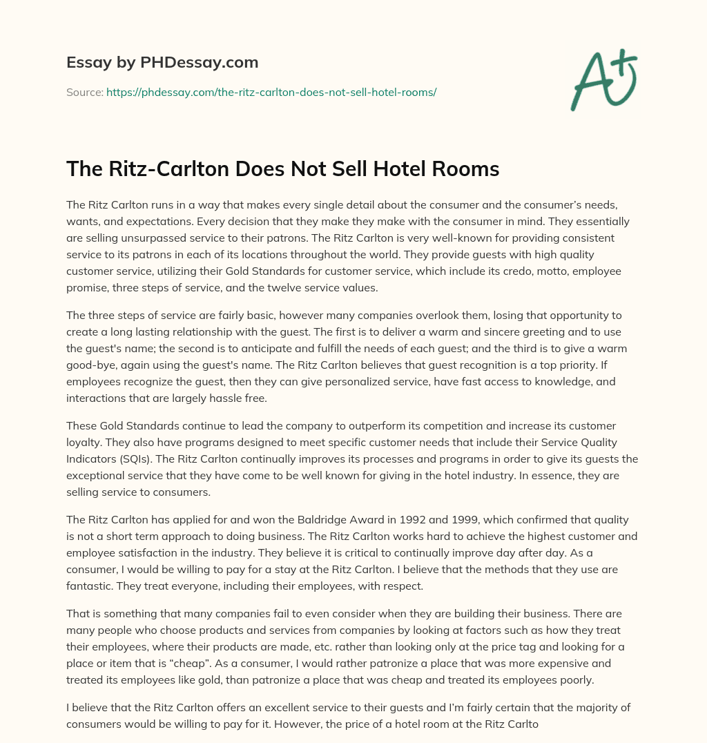 The Ritz-Carlton Does Not Sell Hotel Rooms essay