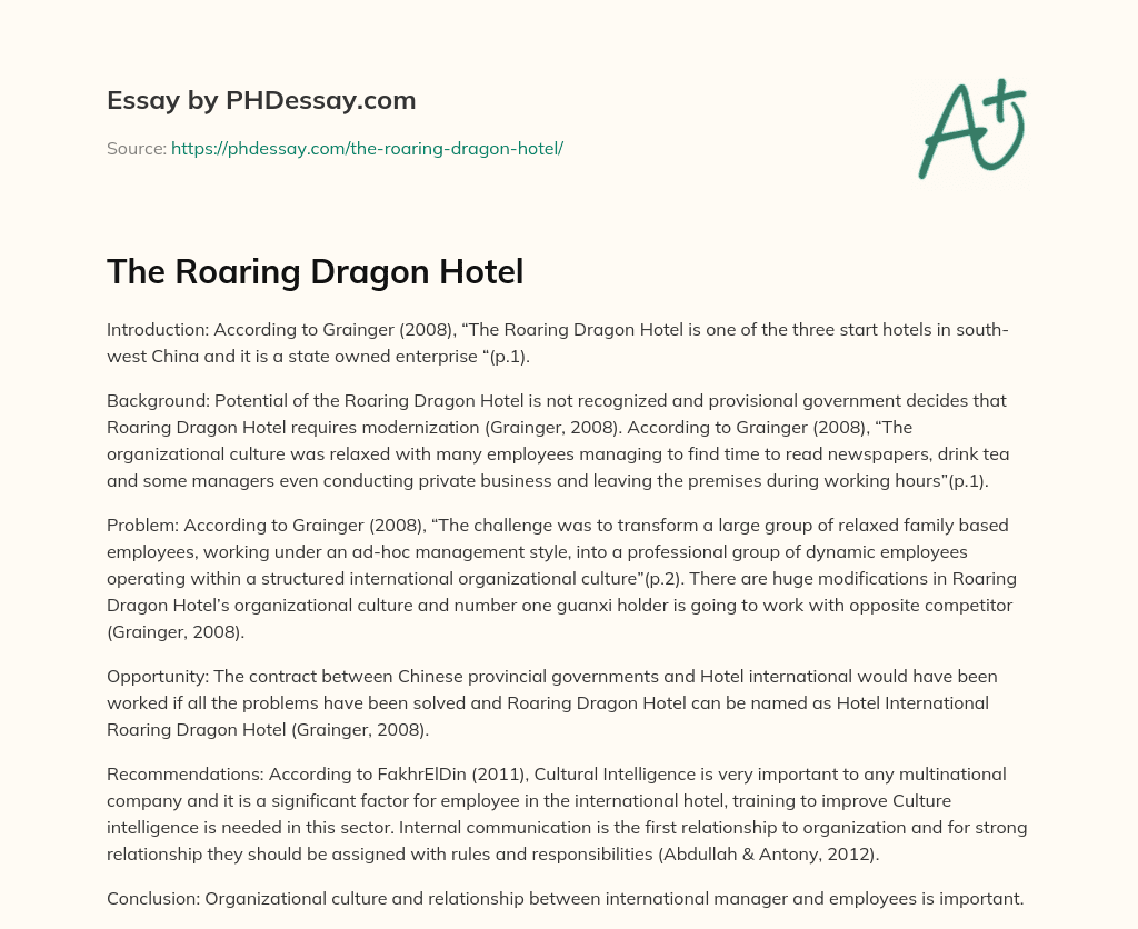 The Roaring Dragon Hotel essay